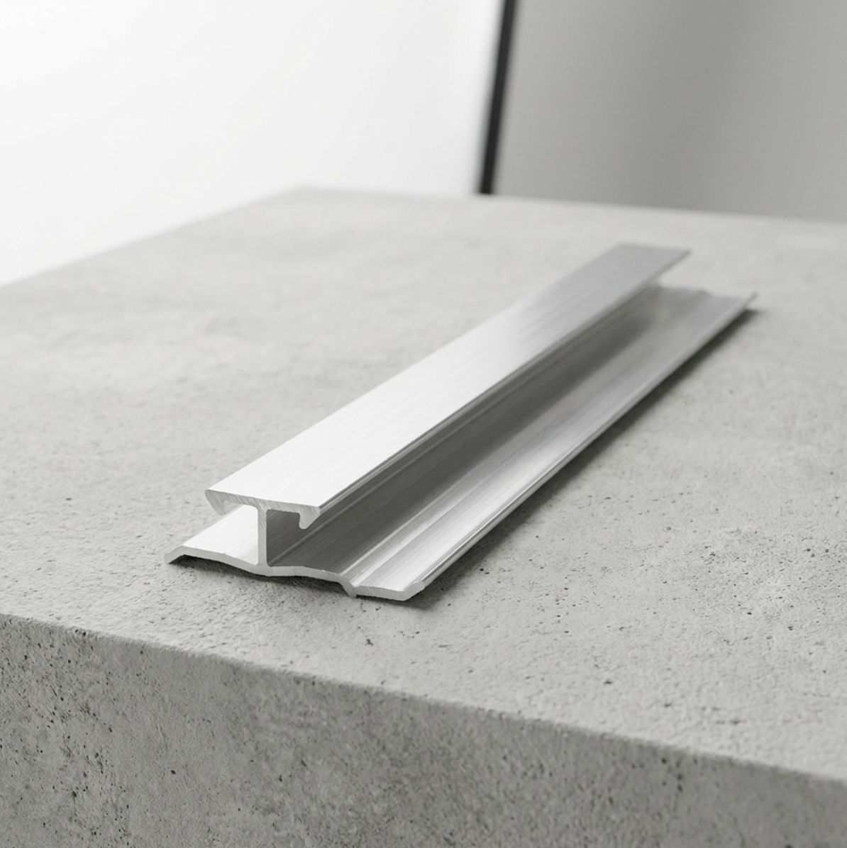 Silver aluminum seamless trim connector for wood veneer panels displayed on a gray concrete surface