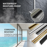 Wall trim application infographic with water droplets, coastal bathroom setting, and assorted metallic finishes