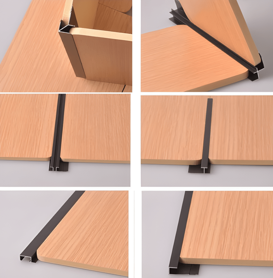 Six installation examples of black aluminum connection and edge trims on wood-look panels