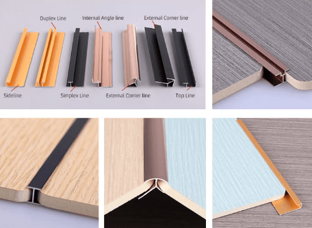 Aluminum wall panel trims with labeled profiles and installed corner, joint, and edge examples
