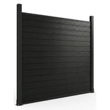 Assembled black fence with horizontal tongue-and-groove aluminum alloy panels between two posts
