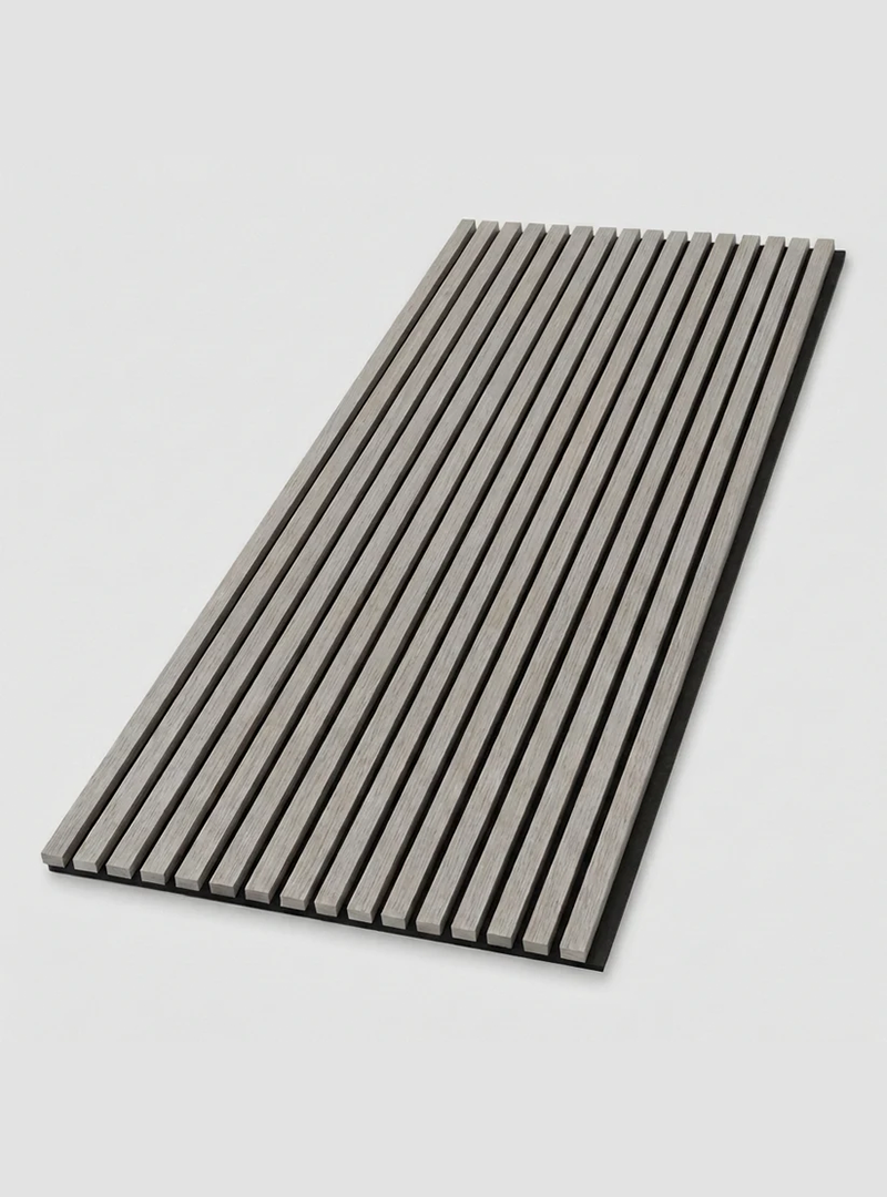 Ash gray acoustic wood slat wall panel with parallel veneered slats and black backing