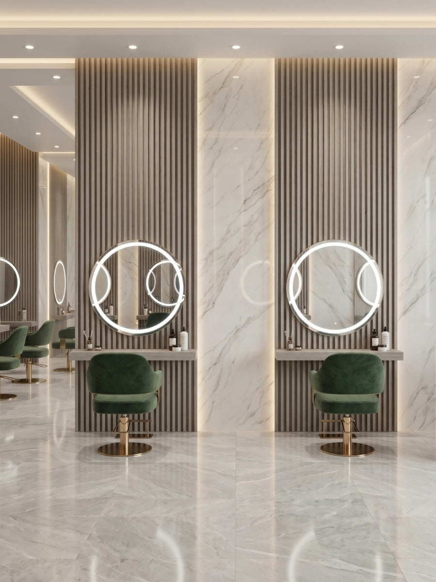 Ash Wood WPC fluted wall panels behind illuminated salon mirrors and green chairs