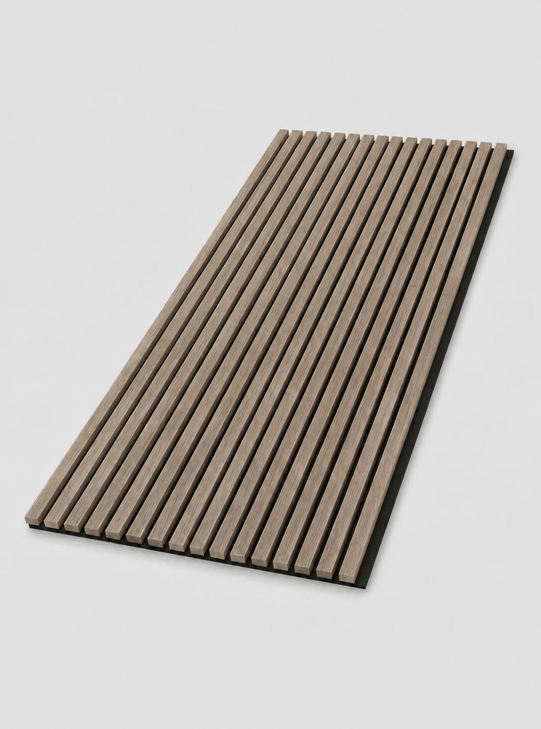 Angled view of an ash wood acoustic slat wall panel with three-sided veneer and dark backing