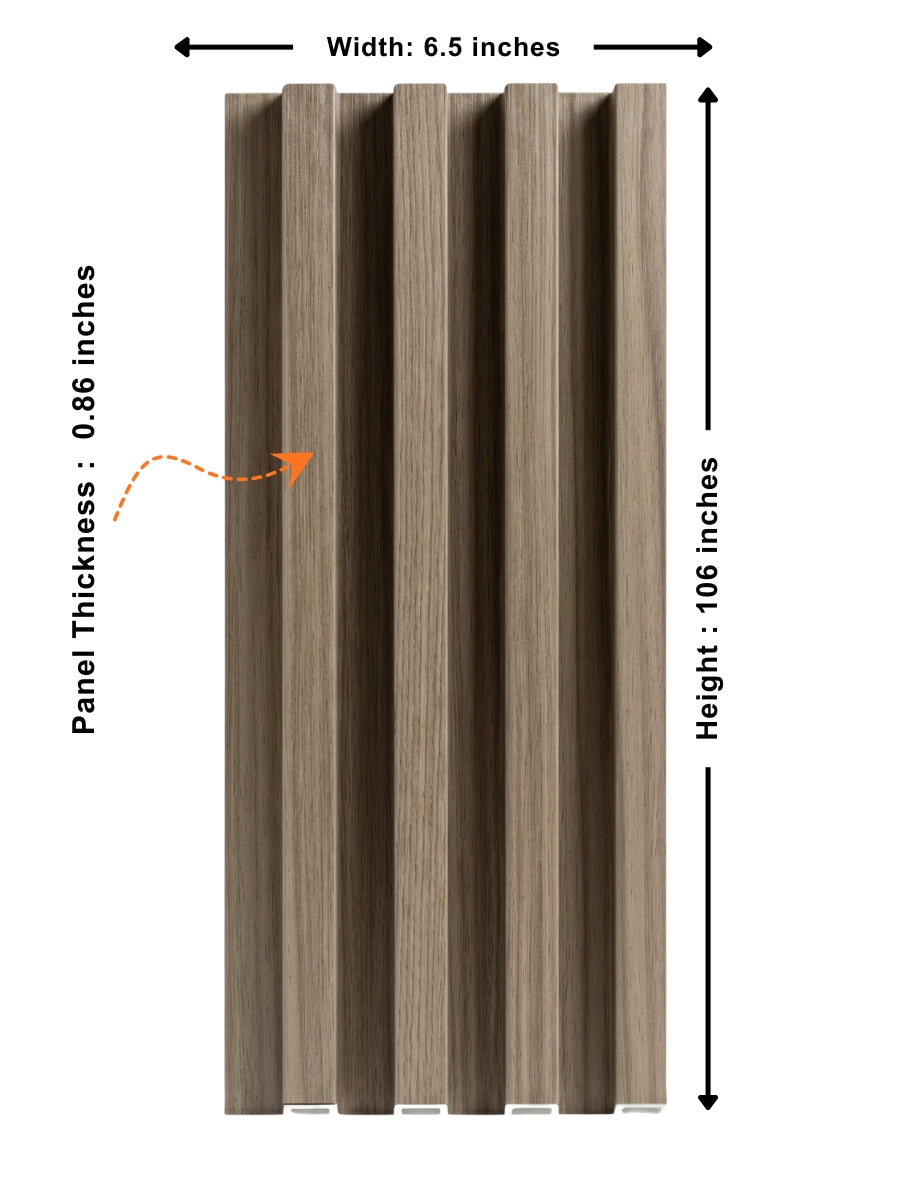 Ash Wood WPC fluted 3D wall panel measuring 6.5 inches wide, 106 inches high, and 0.86 inch thick