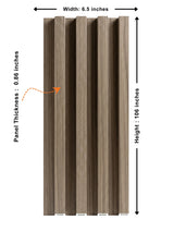 Ash Wood WPC fluted 3D wall panel measuring 6.5 inches wide, 106 inches high, and 0.86 inch thick