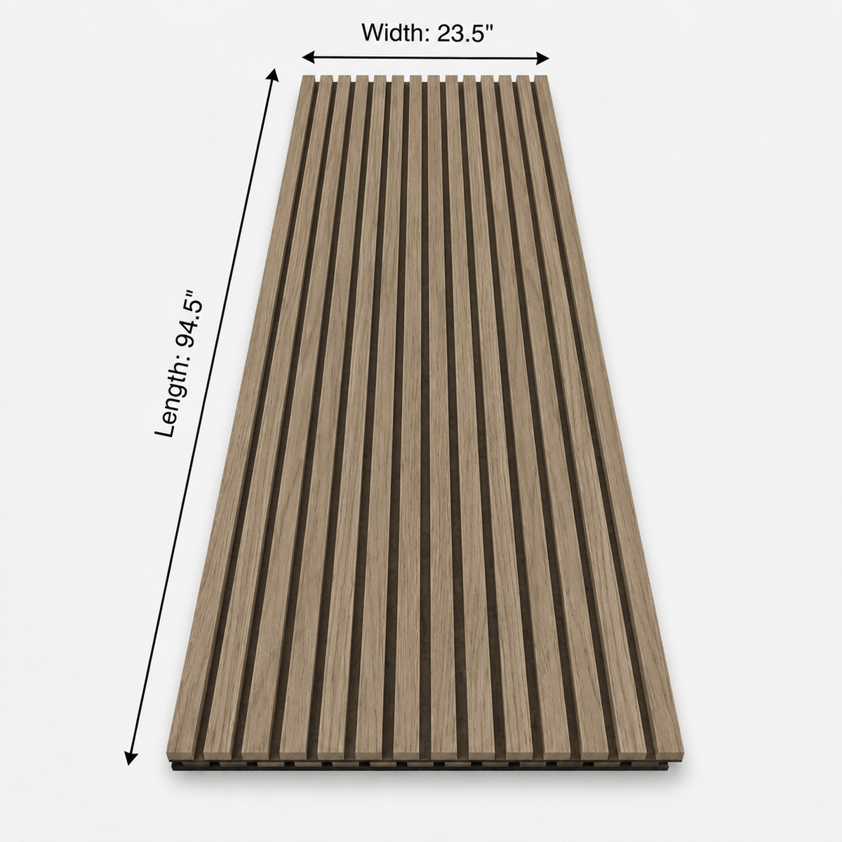 Ash wood acoustic slat wall panel with three-sided veneer, measuring 23.5 inches wide by 94.5 inches long