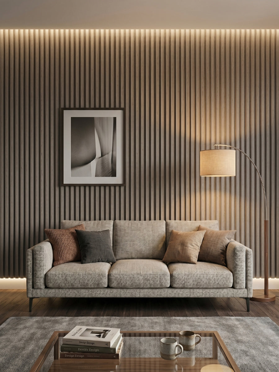 Ash Wood WPC fluted 3D wall panels installed behind a sofa in a modern living room