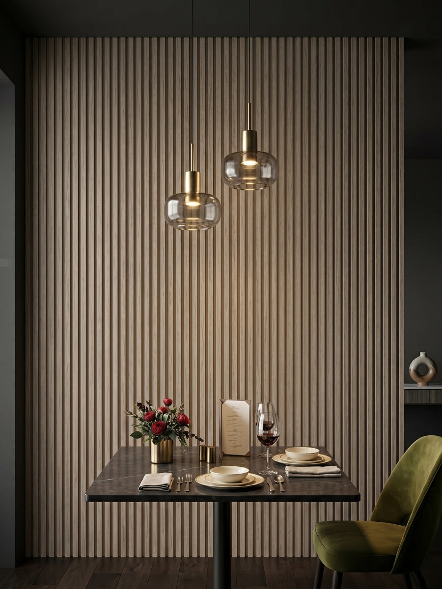 Ash Wood WPC fluted 3D wall panels in a dining alcove with pendant lights