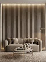 Floor-to-ceiling Ash Wood WPC fluted wall panels behind a curved sofa