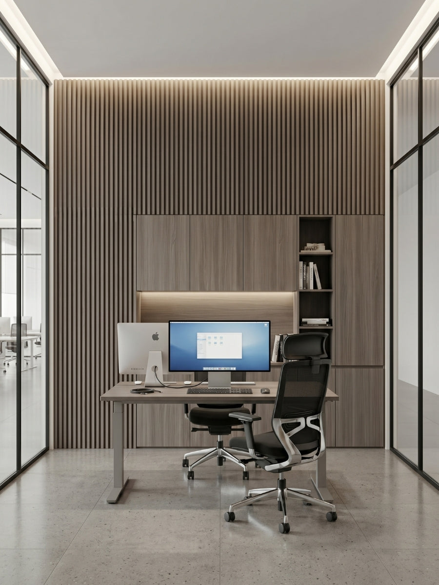 Ash Wood WPC fluted 3D office wall behind desks and built-in cabinets