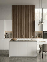 Ash Wood WPC fluted 3D feature wall in a modern white kitchen