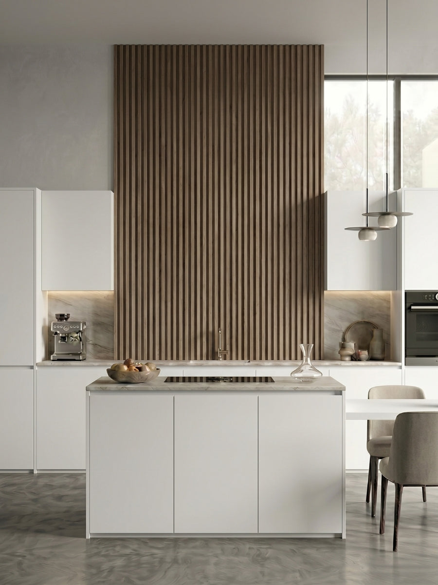 Ash Wood WPC fluted 3D feature wall in a modern white kitchen