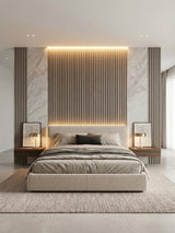 Illuminated Ash Wood WPC fluted 3D accent wall behind a modern bed