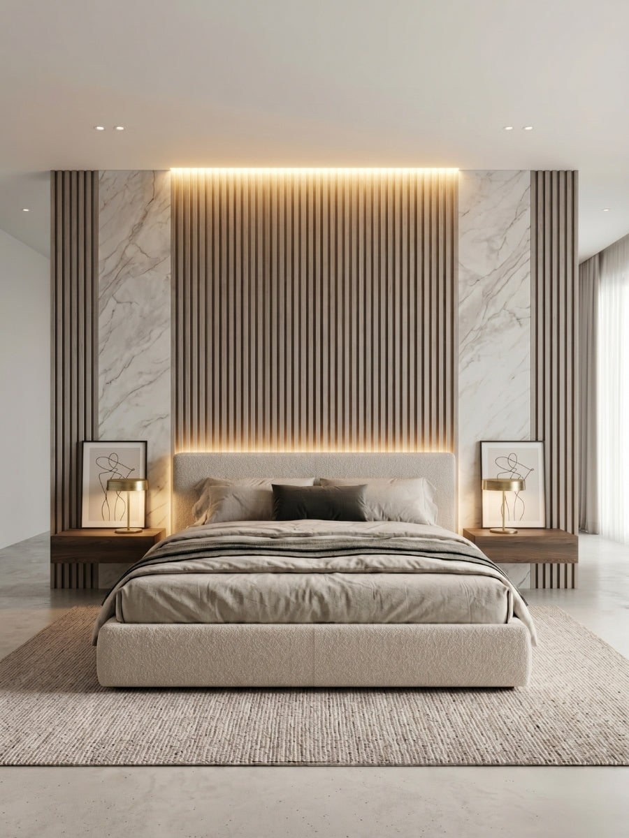 Illuminated Ash Wood WPC fluted 3D accent wall behind a modern bed