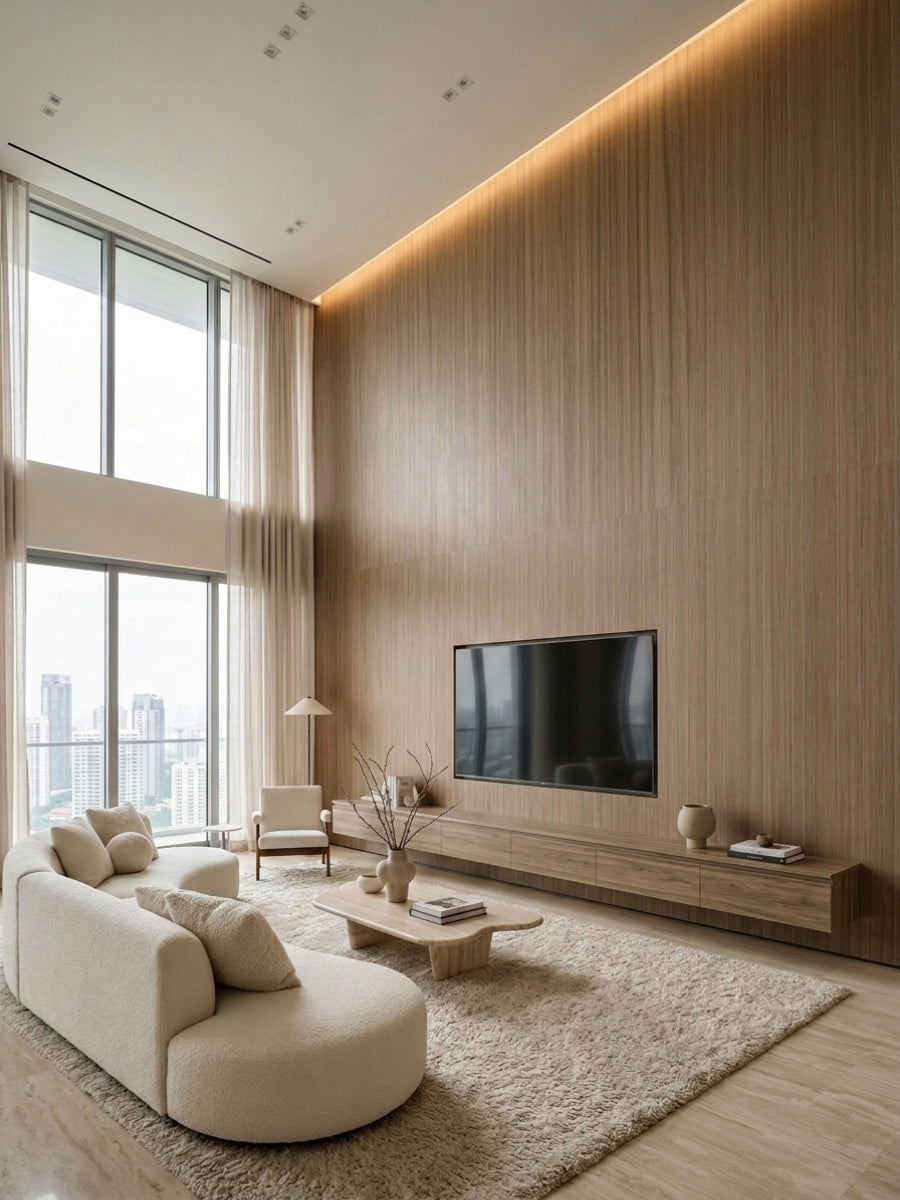Commercial-grade ash wood veneer panels covering a tall living room TV wall with soft integrated lighting