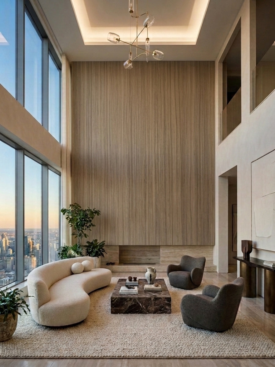 Floor-to-ceiling ash wood veneer wall panels accenting a double-height living room with modern seating
