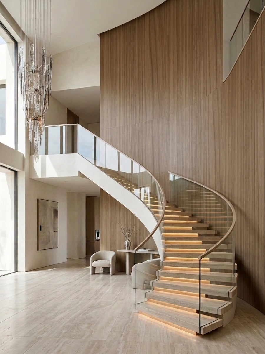 Bendable ash wood veneer panels wrapping a curved wall beside a sweeping staircase in a modern foyer