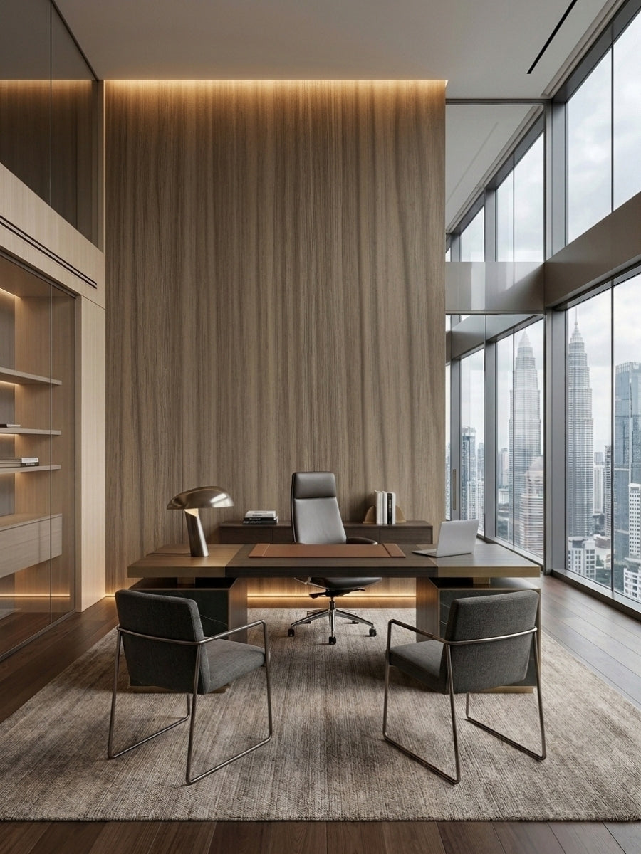 Ash wood veneer wall panels forming a floor-to-ceiling office backdrop behind a desk overlooking the city
