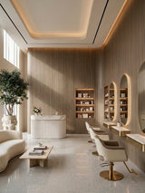 Ash wood veneer wall panels installed throughout a modern salon with arched mirrors, styling stations, and shelving