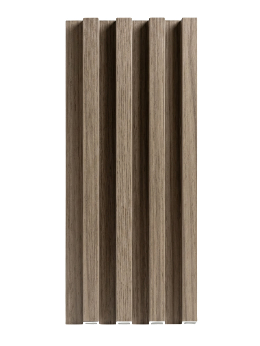 Medium brown wood-grain WPC slat fluted wall panel sample with four vertical ribs