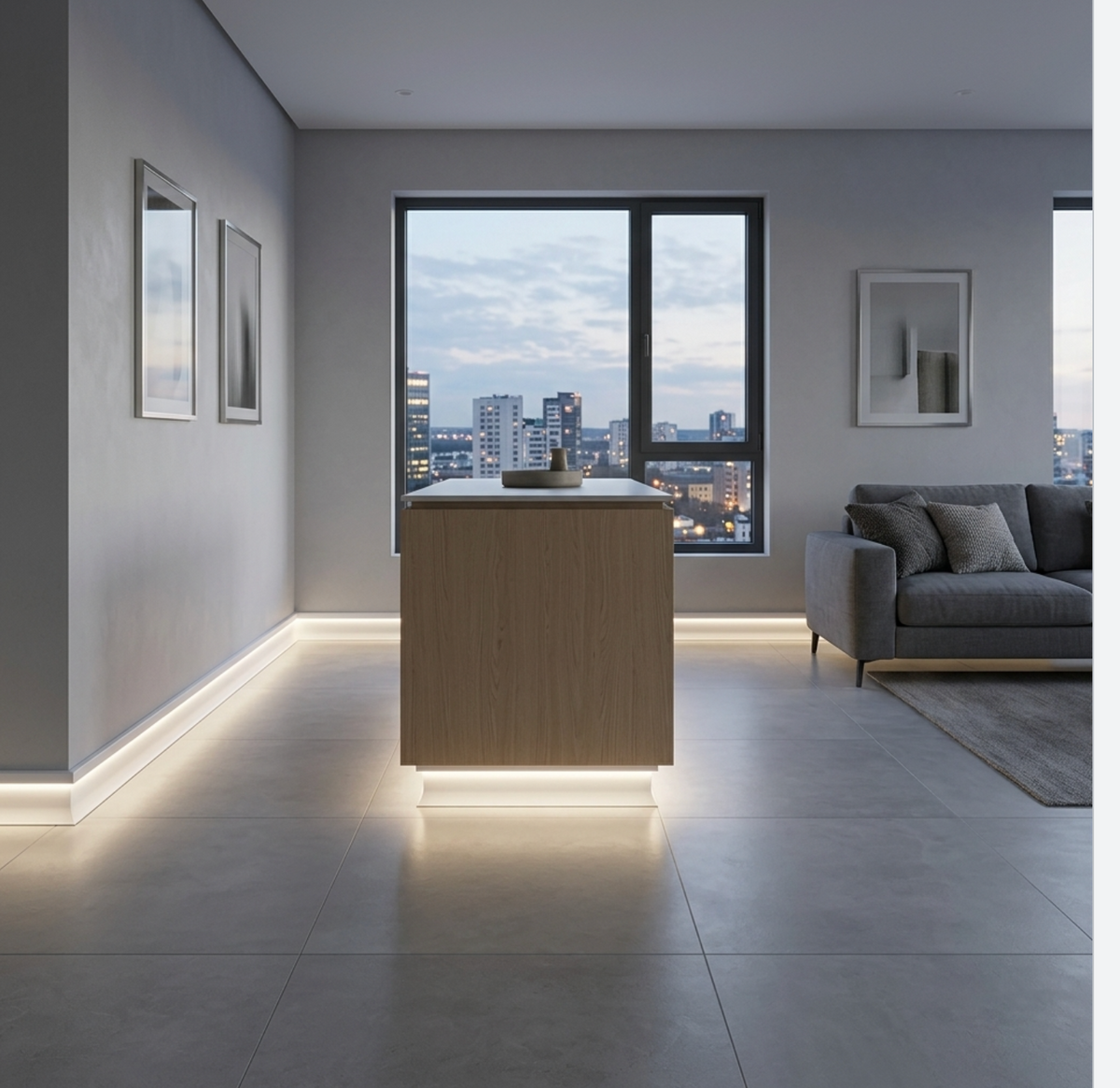 White aluminum LED baseboard molding providing warm perimeter lighting in a contemporary living room