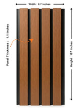 Brown and black composite exterior cladding panel dimensions: 8.7 inches wide, 107 inches high, and 1.1 inches thick