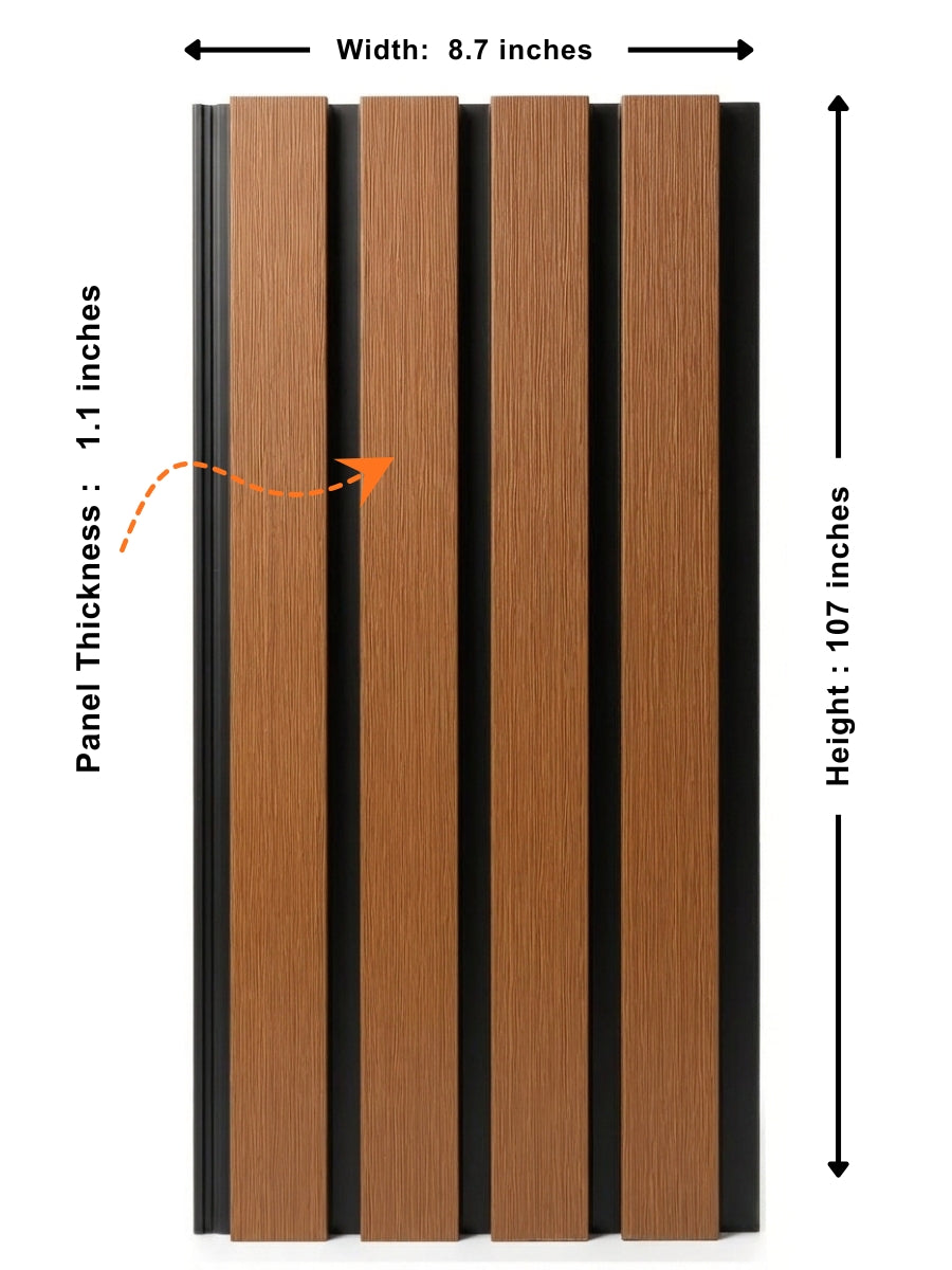 Brown and black composite exterior cladding panel dimensions: 8.7 inches wide, 107 inches high, and 1.1 inches thick