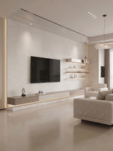 Natural beige stone-look PVC panels on a modern living room TV wall