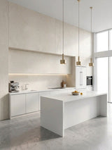 Natural beige rough-texture PVC wall sheets in a bright modern kitchen with a white island