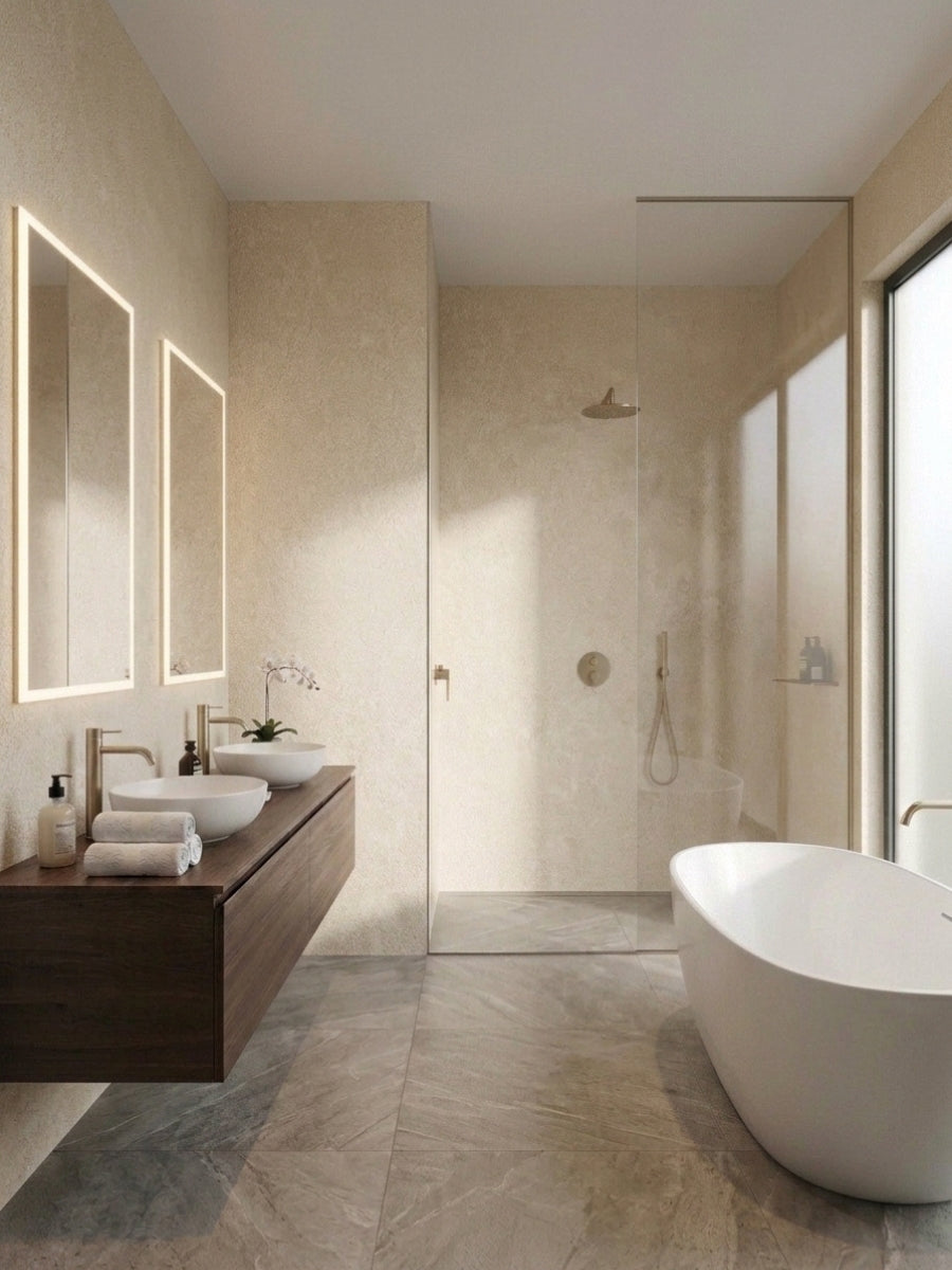 Waterproof natural beige stone-look PVC wall panels in a modern bathroom with a shower and bathtub