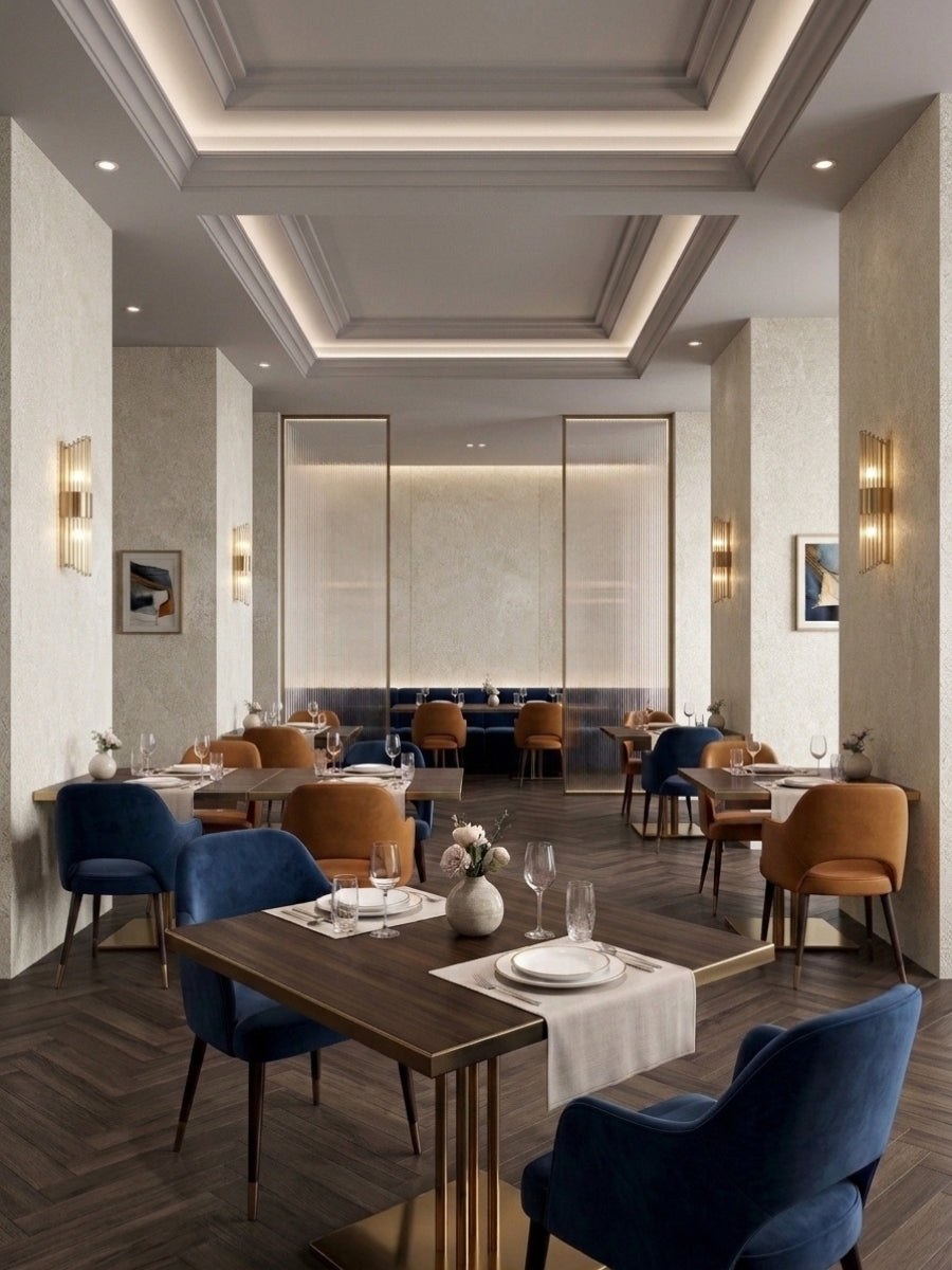 Natural beige rough-texture PVC panels covering walls and columns in a modern restaurant