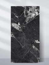 Black PVC marble sheet sample with angular white and gray fractured veins