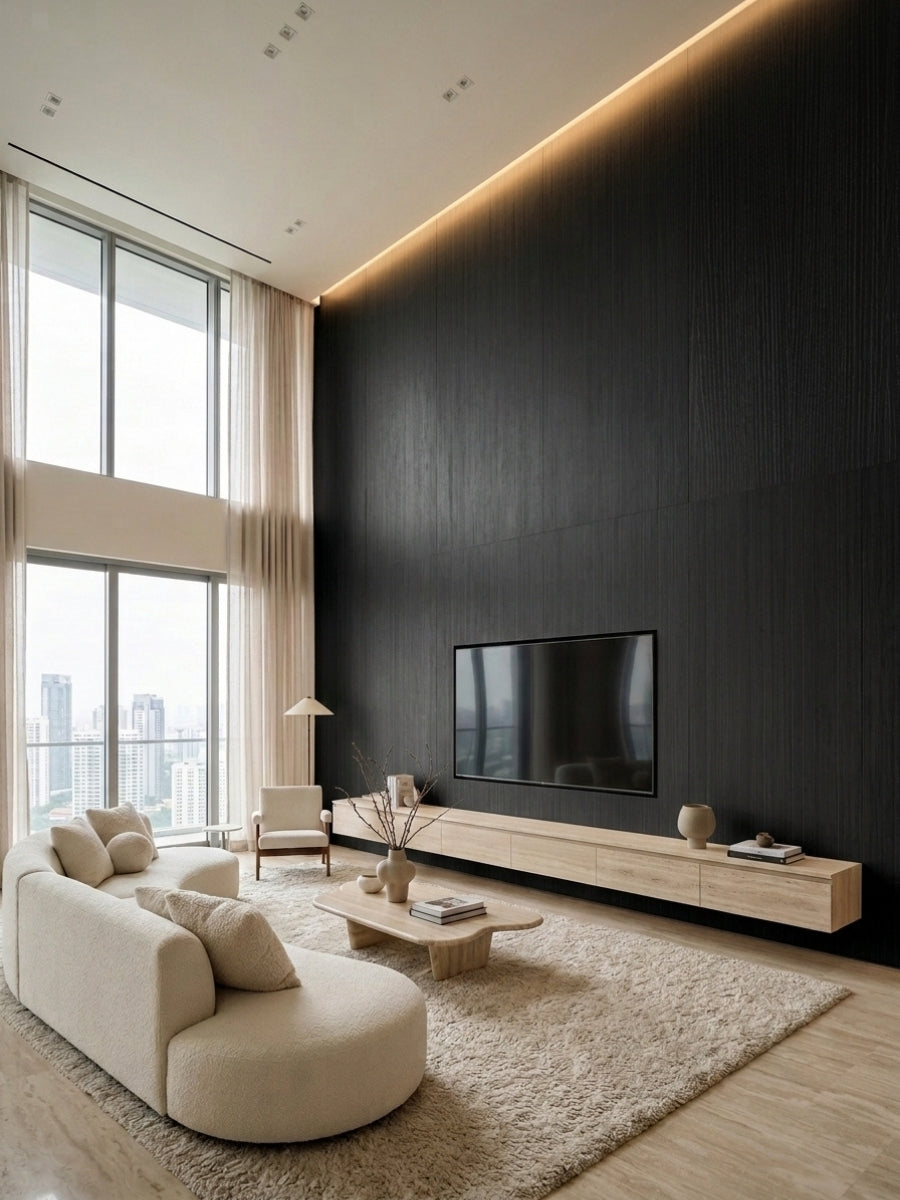 Dark Blackwood veneer wall panels installed behind a mounted TV in a bright double-height living room