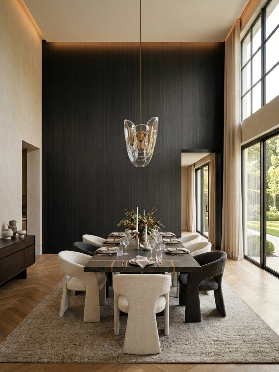 Blackwood veneer wall panels with subtle vertical grain installed behind a contemporary dining area