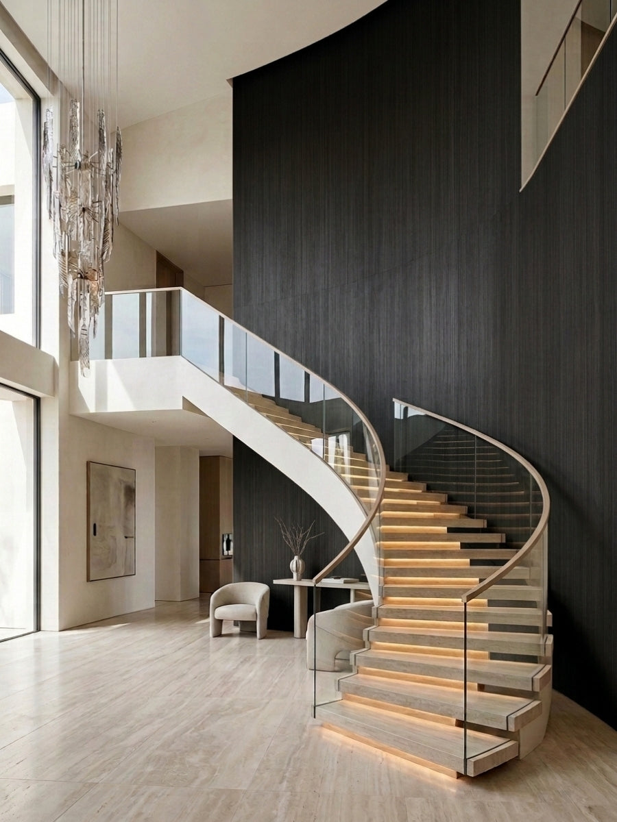 Tall Blackwood veneer wall panel installation beside a curved staircase in a modern open foyer