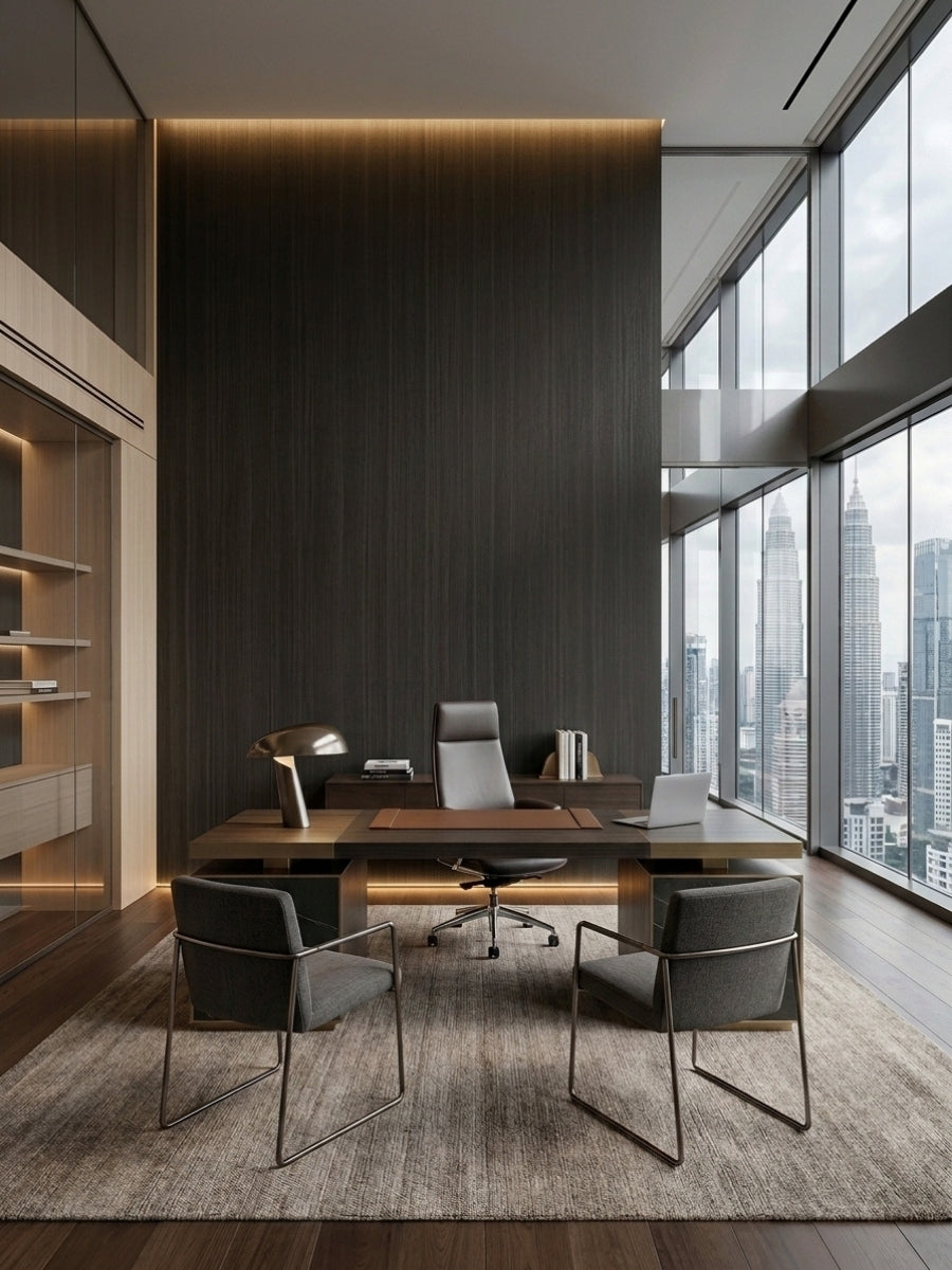 Dark Blackwood veneer commercial wall panels behind an executive desk in a glass-walled city office