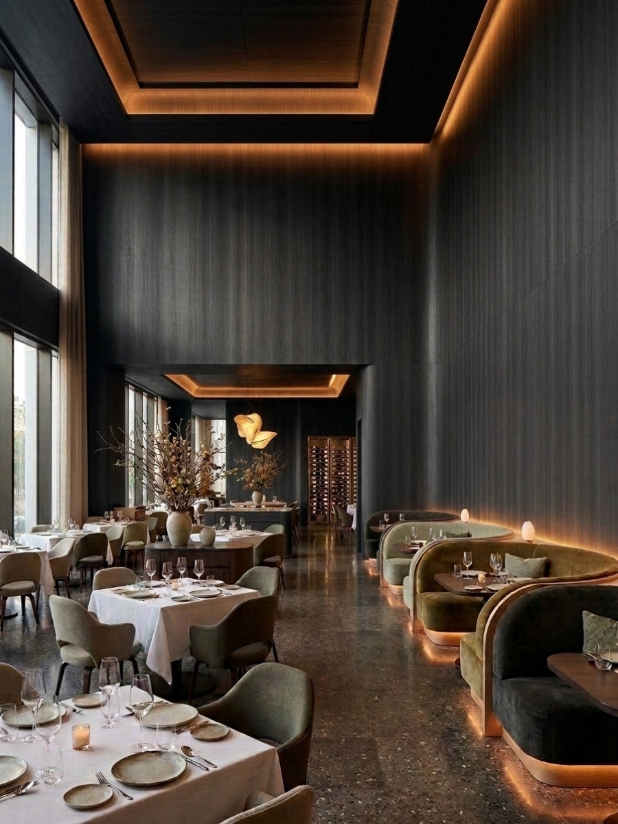 Blackwood veneer wall panels covering the walls and ceiling of an upscale restaurant dining room