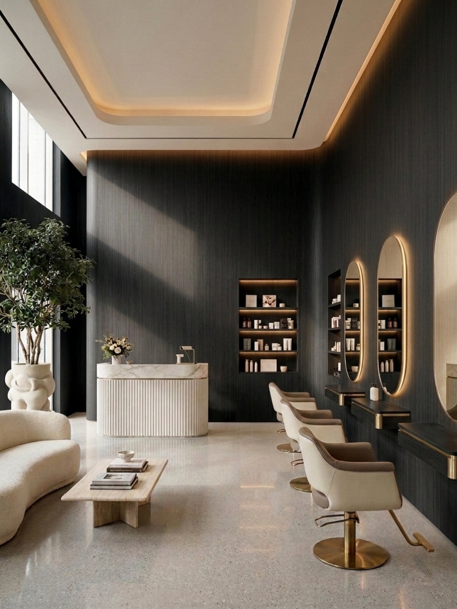 Dark Blackwood veneer commercial wall panels lining a modern salon with illuminated oval mirrors