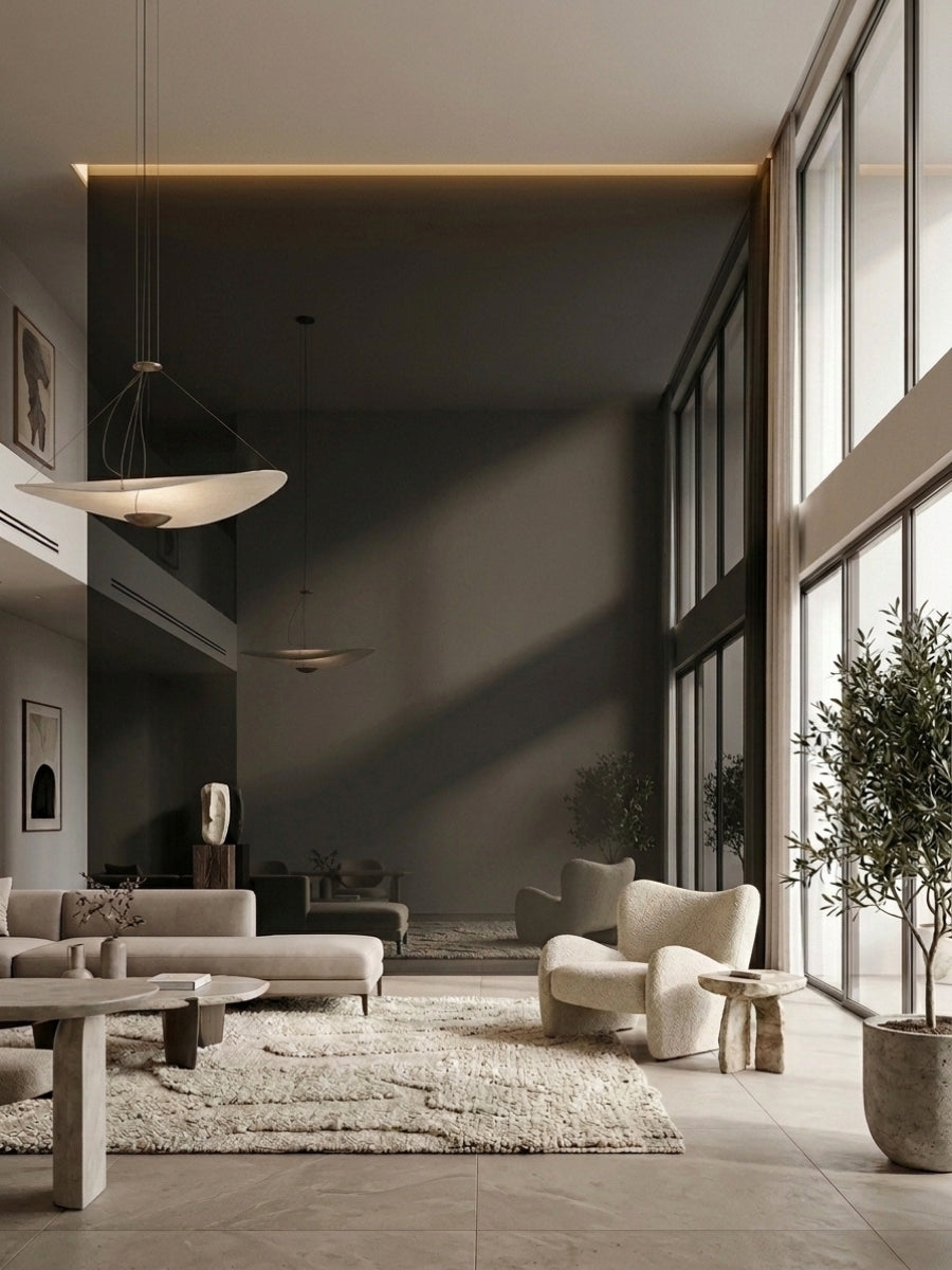 Black Mirror wood veneer panel feature wall in a spacious modern living room with neutral seating