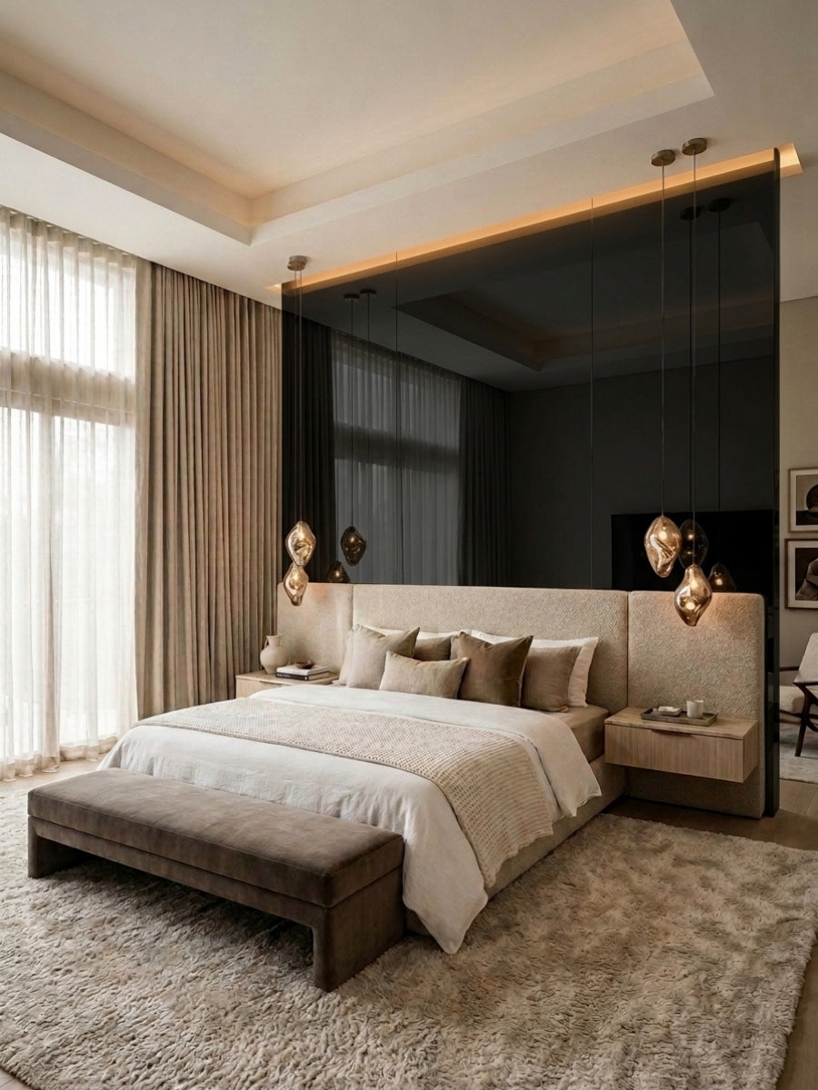 Black Mirror wood veneer panel installed as a glossy dark feature wall behind a modern upholstered bed