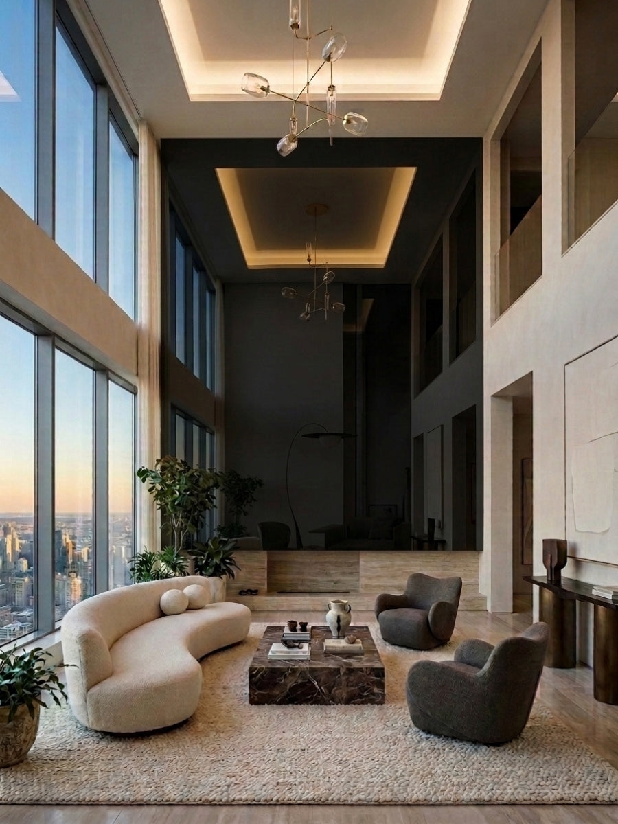Black Mirror wood veneer panels creating a tall reflective feature wall in a contemporary lounge