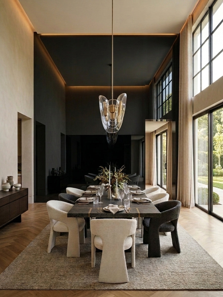 Glossy black wood veneer panel wall framing a modern dining room with floor-to-ceiling windows