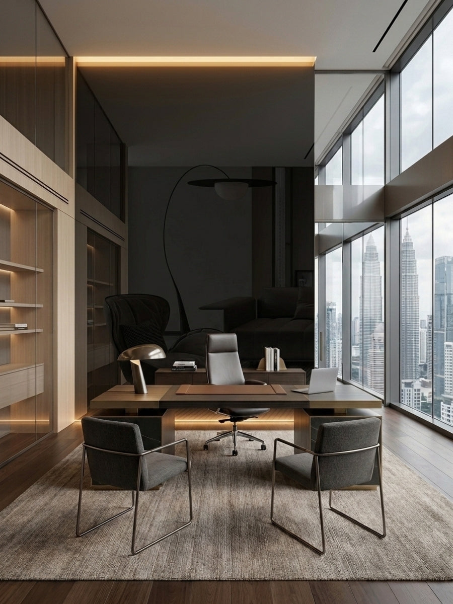 Reflective Black Mirror wood veneer panel accent wall behind a contemporary executive desk