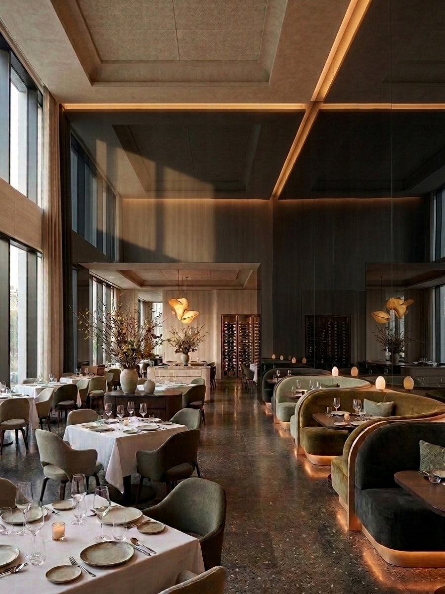Black Mirror wood veneer panels lining the walls and ceiling of an elegant modern restaurant