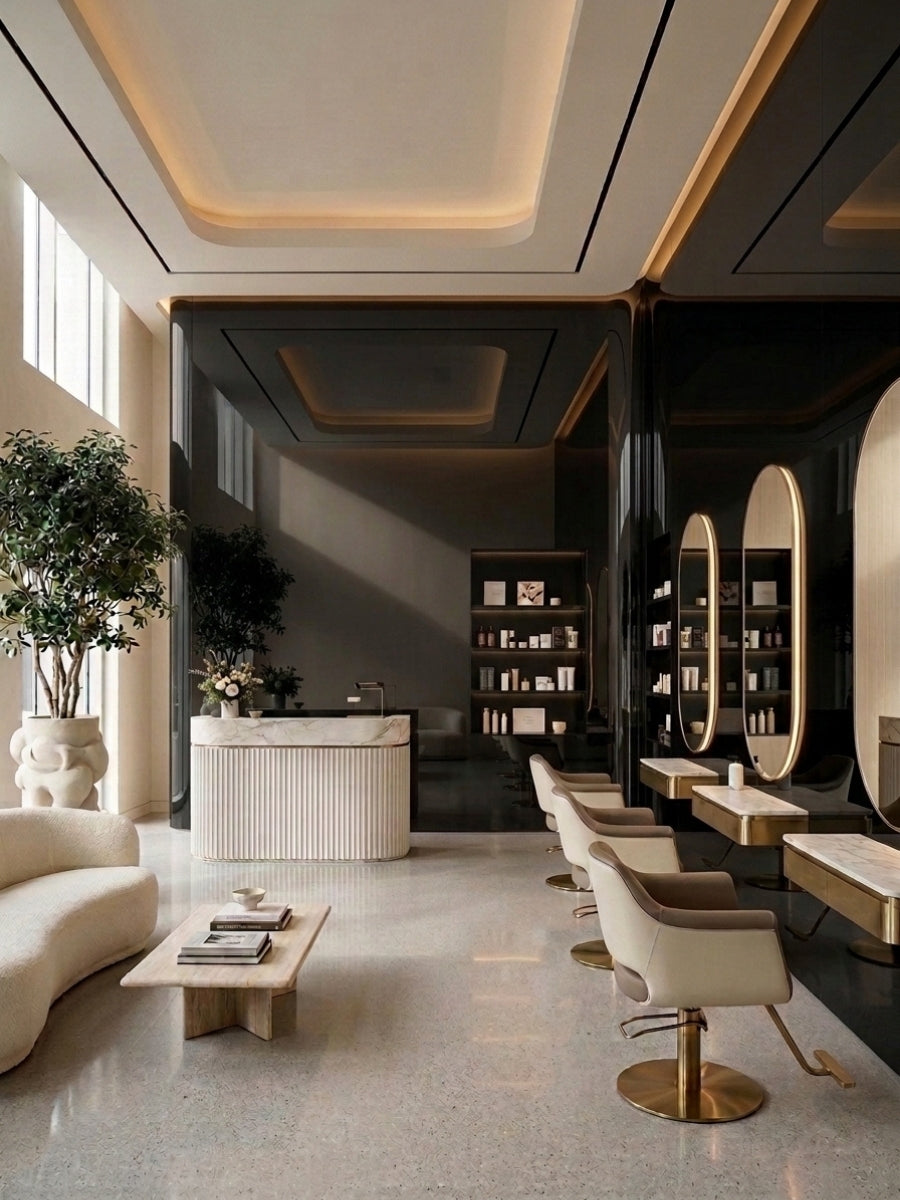Glossy Black Mirror wood veneer panel walls in a contemporary salon with illuminated oval mirrors