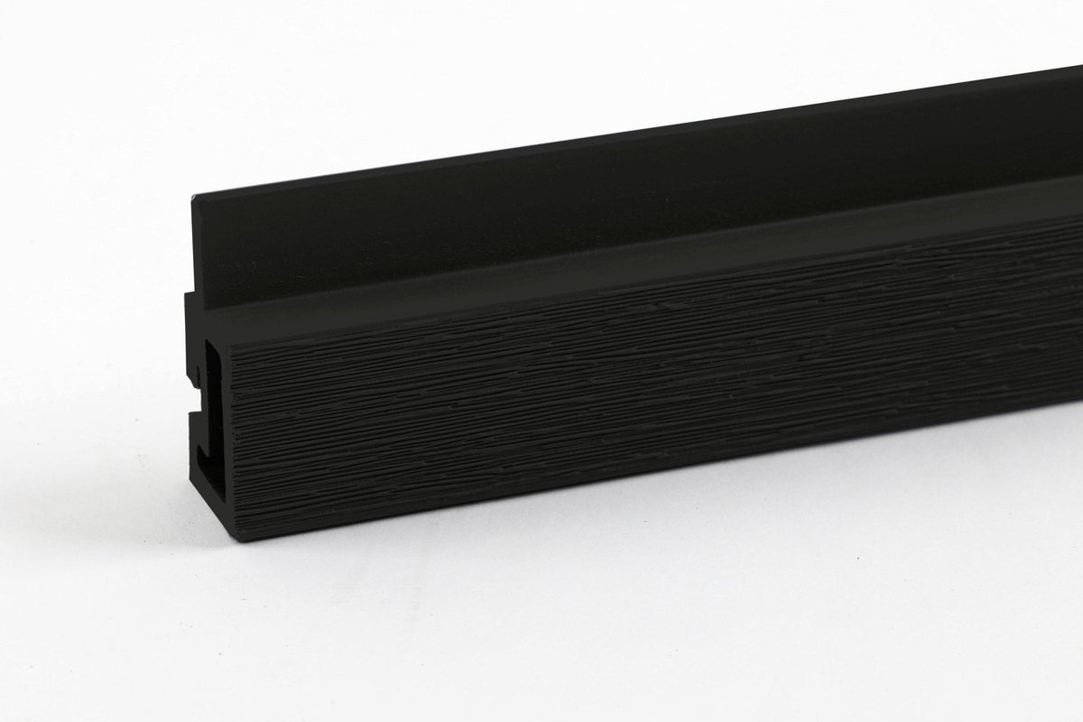 Black composite exterior cladding trim profile shown from the end on a white background