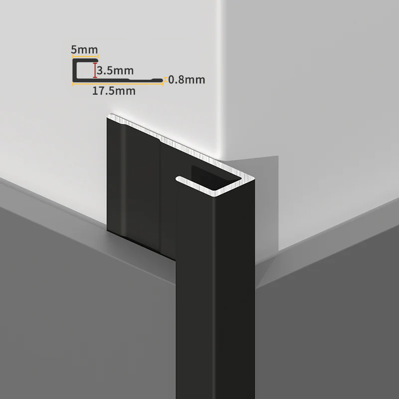 Black aluminum end cap trim on a white PVC wall panel corner with 5, 3.5, 17.5 and 0.8mm profile dimensions