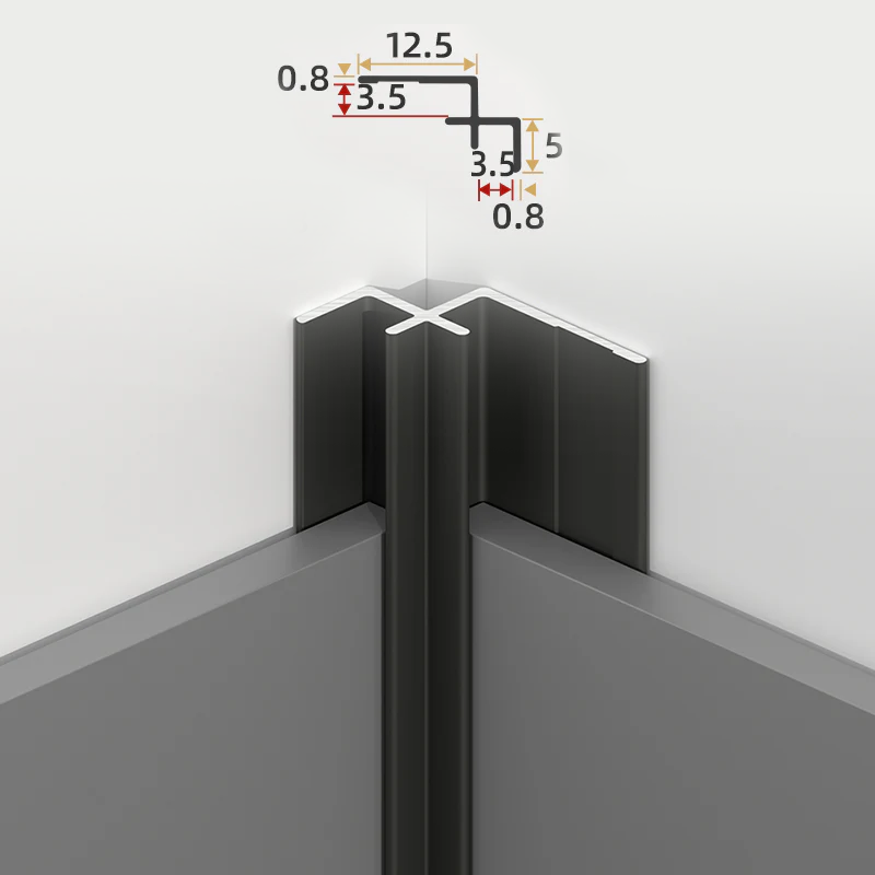 Black 3mm aluminum inside corner trim installed between gray PVC wall panels with profile dimensions shown