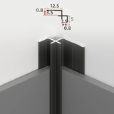Black 3mm aluminum inside corner trim installed between gray PVC wall panels with profile dimensions shown